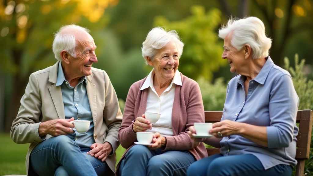 Grupa seniorów siedząca na ławce w ogrodzie, rozmawiająca i pijąca herbatę