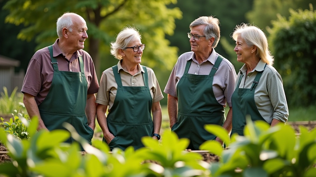 Grupa seniorów patrząca na wspólnie uprawiane grządki, wskazując na rosnące rośliny